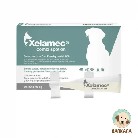 Caja de Xelamec COMBI para perros grandes de 20 a 40 kg. El empaque es de color verde azulado y blanco, muestra una pipeta de 4 mL y la silueta de un perro grande. Detalla su fórmula con Selamectina y Praziquantel. Incluye el logo de Rankana.
