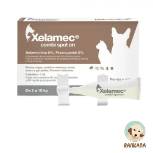 Caja de Xelamec COMBI para mascotas de 5 a 10 kg con una pipeta de 1 mL al frente. El empaque es de color púrpura y blanco, detalla su fórmula de Selamectina 6% y Praziquantel 8%, y muestra siluetas de un gato y un perro. Incluye el logo de Rankana.