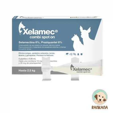Caja de Xelamec COMBI para mascotas pequeñas de hasta 2.5 kg. El empaque es de color azul grisáceo y blanco, muestra una pipeta de 0.25 mL y siluetas de un perro pequeño y un gato. Detalla su fórmula con Selamectina y Praziquantel. Incluye el logo de Rankana.