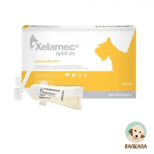 Caja de Xelamec Spot On para perros de 10 a 20 kg. El empaque es de color amarillo con blanco, muestra una pipeta de 2 mL y la silueta de un perro de raza mediana. Detalla su fórmula con Selamectina al 6%. Incluye el logo de Rankana.