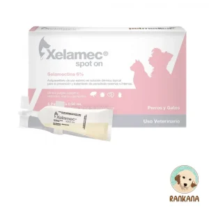 Caja de Xelamec Spot On para perros y gatos de 2.5 a 5 kg. El empaque es rosado con blanco, muestra una pipeta de 0.50 mL y siluetas de un perro pequeño y un gato. Detalla su fórmula con Selamectina al 6%. Incluye el logo de Rankana.