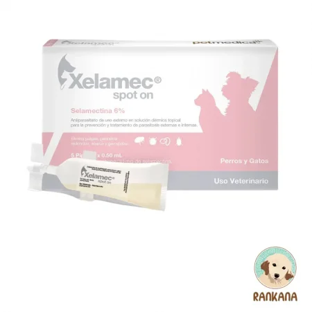 Caja de Xelamec Spot On para perros y gatos de 2.5 a 5 kg. El empaque es rosado con blanco, muestra una pipeta de 0.50 mL y siluetas de un perro pequeño y un gato. Detalla su fórmula con Selamectina al 6%. Incluye el logo de Rankana.