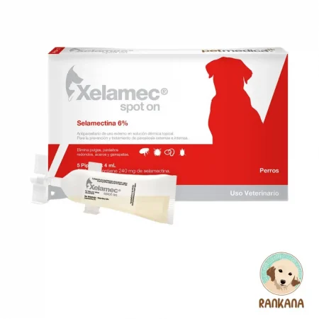 Caja de Xelamec Spot On para perros grandes de 20 a 40 kg. El empaque es de color rojo con blanco, muestra una pipeta de 4 mL y la silueta de un perro de raza grande. Detalla su fórmula con Selamectina al 6%. Incluye el logo de Rankana.