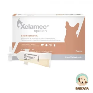 Caja de Xelamec Spot On para perros de 5 a 10 kg. El empaque es color ocre/marrón claro con blanco, muestra una pipeta de 1 mL y la silueta de un perro pequeño (tipo Schnauzer). Detalla su fórmula con Selamectina al 6%. Incluye el logo de Rankana.