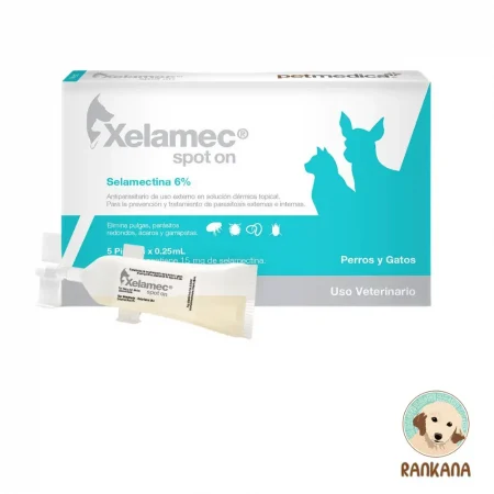 Caja de Xelamec Spot On para perros y gatos de hasta 2.5 kg. El empaque es de color cian (celeste) con blanco, muestra una pipeta de 0.25 mL y las siluetas de un cachorro y un gatito. Detalla su fórmula con Selamectina al 6%. Incluye el logo de Rankana.