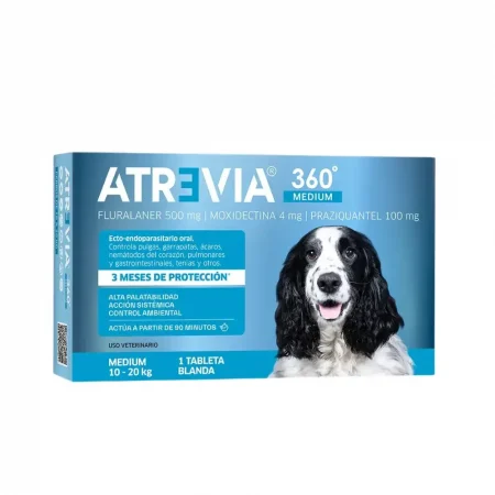 Caja de Atrevia 360 Medium para perros de 10 a 20 kg, tableta blanda masticable para el control de pulgas, garrapatas, ácaros y parásitos internos.