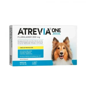 Caja de Atrevia ONE Medium para perros de 10-20 kg, 1 tableta masticable antipulgas y garrapatas.