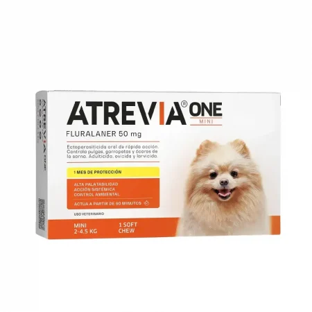 Caja de Atrevia ONE Mini para perros de 2 a 4.5 kg, 1 tableta masticable antipulgas y garrapatas.