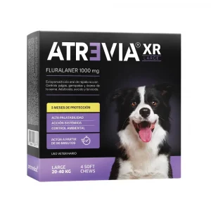 Caja de Atrevia XR Large para perros de 20 a 40 kg, tratamiento antipulgas y garrapatas de 4 tabletas masticables.