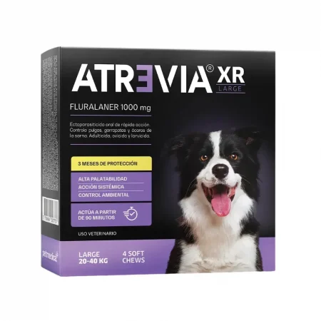 Caja de Atrevia XR Large para perros de 20 a 40 kg, tratamiento antipulgas y garrapatas de 4 tabletas masticables.