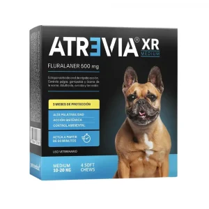 Caja de Atrevia XR Medium para perros de 10 a 20 kg, tratamiento antipulgas y antigarrapatas de 4 tabletas con protección anual.