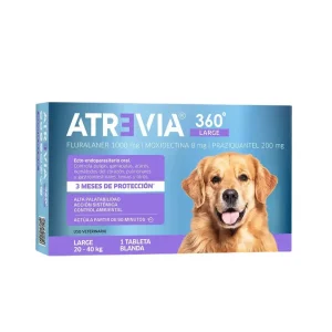 Empaque de Atrevia 360 Large para perros grandes de 20 a 40 kg, una tableta blanda para desparasitación integral interna y externa.