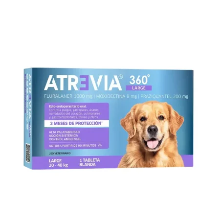 Empaque de Atrevia 360 Large para perros grandes de 20 a 40 kg, una tableta blanda para desparasitación integral interna y externa.