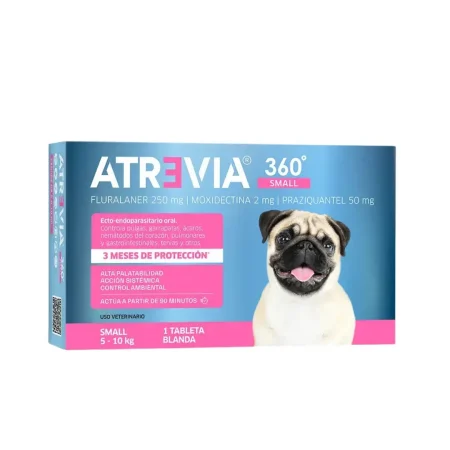 Caja de Atrevia 360 Small para perros de 5 a 10 kg, tableta masticable para protección integral interna y externa.