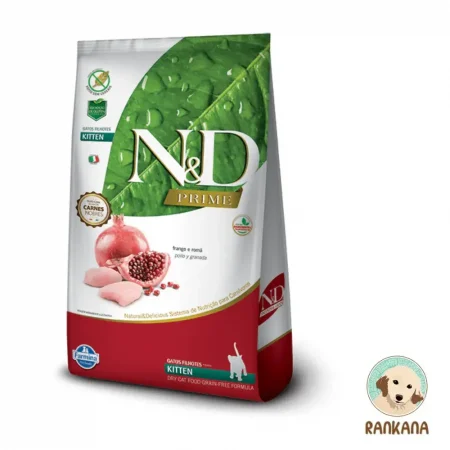 Una foto de una bolsa de alimento seco para gatos de la marca Farmina N&D, línea PRIME, para "GATOS FILHOTES" (gatitos). El empaque es color blanco y rojo, con un diseño de una gran hoja verde con gotas de agua, mitades de granada y trozos de pollo. Muestra texto en portugués e inglés: "PRIME", "GATOS FILHOTES KITTEN", "FRANGO E ROMÃ" (Pollo y Granada), "GRAIN-FREE FORMULA", "Natural & Delicious". En la esquina inferior derecha hay un logotipo circular dorado de Rankana con un perro. Nota: La bolsa en la imagen es de un tamaño más pequeño (como 1.5kg), pero esta es la imagen referencial para el producto de 7.5kg.
