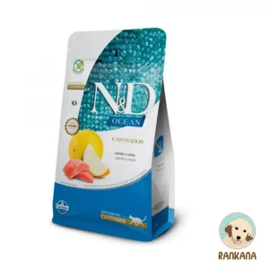 Bolsa de alimento seco Farmina N&D Ocean para gatos adultos castrados sabor salmón y melón. El empaque es color azul texturizado y blanco, mostrando trozos de salmón fresco y melón cantalupo. Incluye el logo circular dorado de Rankana en la esquina inferior derecha. Nota: La bolsa es de la presentación de 7.5 kg.