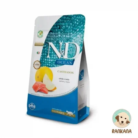Bolsa de alimento seco Farmina N&D Ocean para gatos adultos castrados sabor salmón y melón. El empaque es color azul texturizado y blanco, mostrando trozos de salmón fresco y melón cantalupo. Incluye el logo circular dorado de Rankana en la esquina inferior derecha. Nota: La bolsa es de la presentación de 7.5 kg.