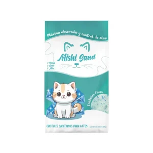 Empaque de 1.8 kg de Mishi Sand Cristales Finos, sustrato sanitario de sílice para un gato durante un mes, con ilustración de gatito kawaii y logo de Rankana.