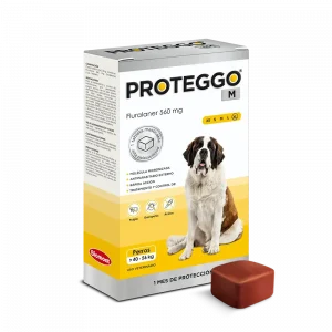 Caja de Proteggo 1M para perros de 40 a 56 kg con 1 tableta masticable, antipulgas y garrapatas de protección mensual (Sarolaner) en Perú.