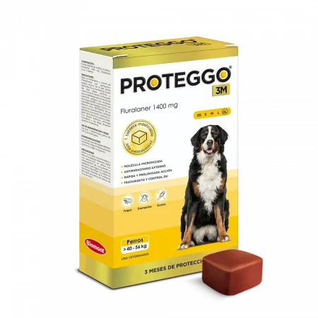 Caja de Proteggo 3M de 40 a 56 kg con 1 tableta masticable, antipulgas, garrapatas y antiparasitario de larga duración para perros de razas gigantes en Perú.