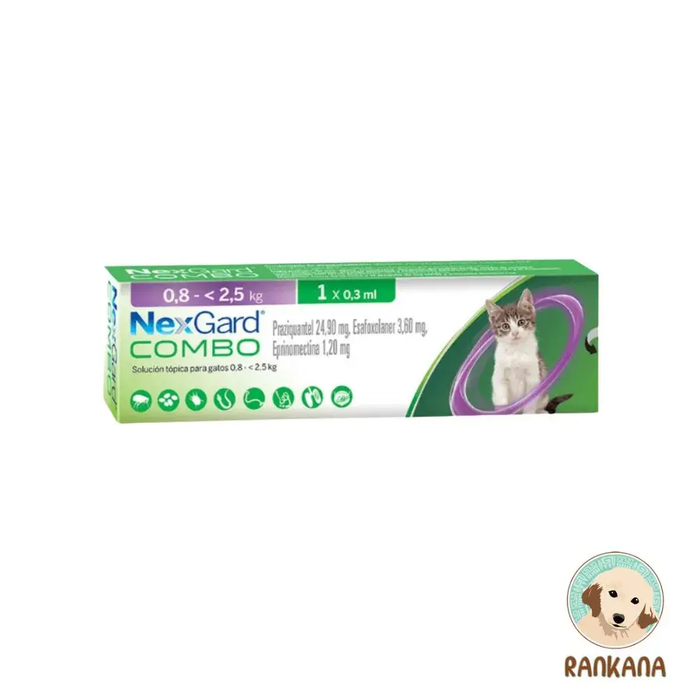 NexGard COMBO Gato: Pipeta Antiparasitaria Dual (0.8 a 2.5 kg) Caja de NexGard COMBO para gatos y gatitos de 0.8 a 2.5 kg, mostrando un gato joven atigrado, iconos de parásitos controlados, y el logo de Rankana en la esquina inferior.