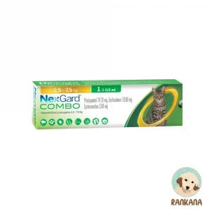 Caja de NexGard COMBO para gatos de 2.5 a 7.5 kg, mostrando un gato atigrado, iconos de parásitos controlados, y el logo de Rankana en la esquina inferior.
