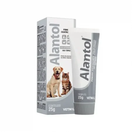 Caja y tubo de Alantol 25g, pomada cicatrizante de Vetnil para el tratamiento de heridas en perros y gatos.