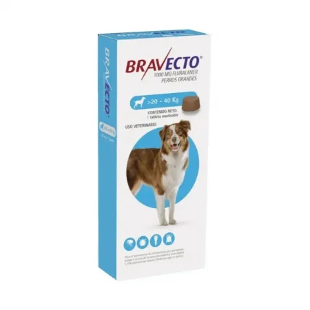 Caja de antipulgas Bravecto de 20 a 40 kg con una tableta masticable para perros grandes.