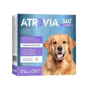 Atrevia 360° Large para perros de 20 a 40 kg, caja de 4 tabletas masticables para protección contra pulgas, garrapatas y parásitos internos.