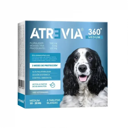 Empaque de Atrevia 360 Medium para perros de 10 a 20 kg, caja de 4 tabletas blandas para protección integral contra parásitos internos y externos por un año.