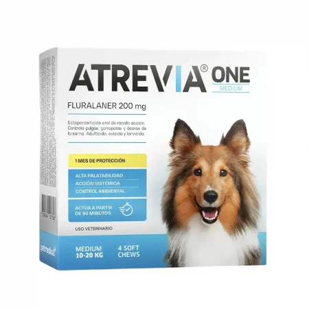 Caja de Atrevia ONE Medium para perros de 10 a 20 kg, 4 tabletas masticables antipulgas y garrapatas.