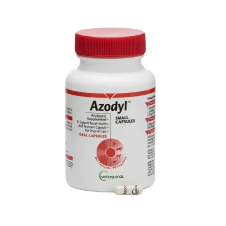 Frasco de Azodyl con 90 cápsulas pequeñas, suplemento probiótico para soporte de la función renal en perros y gatos de Vetoquinol.
