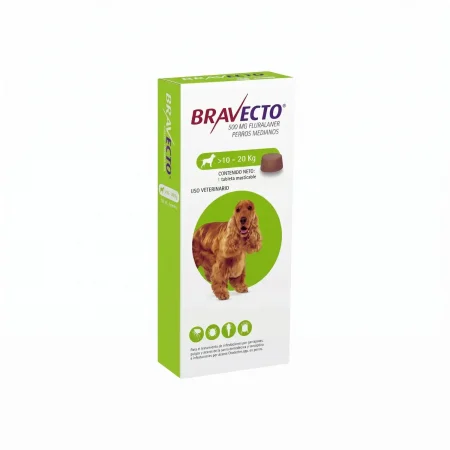 Caja de antipulgas Bravecto para perros medianos de 10 a 20 kg, 500 mg fluralaner, 1 tableta masticable.