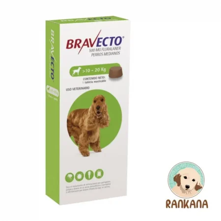 Caja de Bravecto para perros medianos de 10 a 20 kg, 1 tableta masticable de 500 mg Fluralaner, antipulgas y antigarrapatas - Rankana Pet Shop.