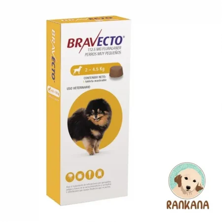 Caja de Bravecto para perros muy pequeños (2 a 4.5 kg), 1 tableta masticable de 112.5 mg fluralaner, antipulgas y antigarrapatas, producto de Rankana Pet Shop.