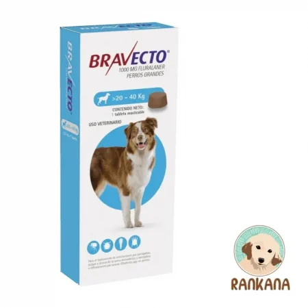 Caja de Bravecto para perros grandes de 20 a 40 kg, 1 tableta masticable de 1000 mg Fluralaner, antipulgas y antigarrapatas - Rankana Pet Shop.