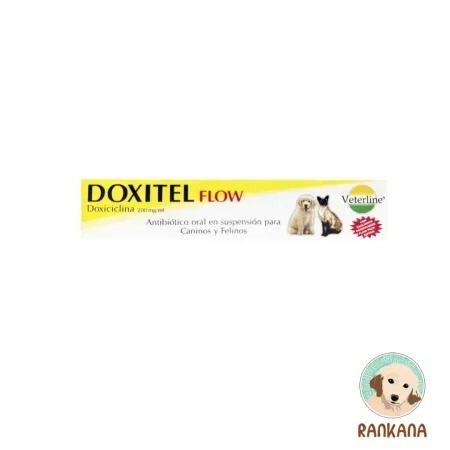 Imagen del producto Doxitel Flow 10 ml, antibiótico oral de amplio espectro para caninos y felinos con la marca Veterline.