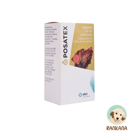 Caja de Posatex Suspensión Ótica de 8.8 mL para perros. El empaque es blanco con detalles en dorado, muestra la imagen de un perro color chocolate con un círculo rojo indicando dolor en el oído. Incluye el logo de MSD Animal Health y el sello de Rankana.