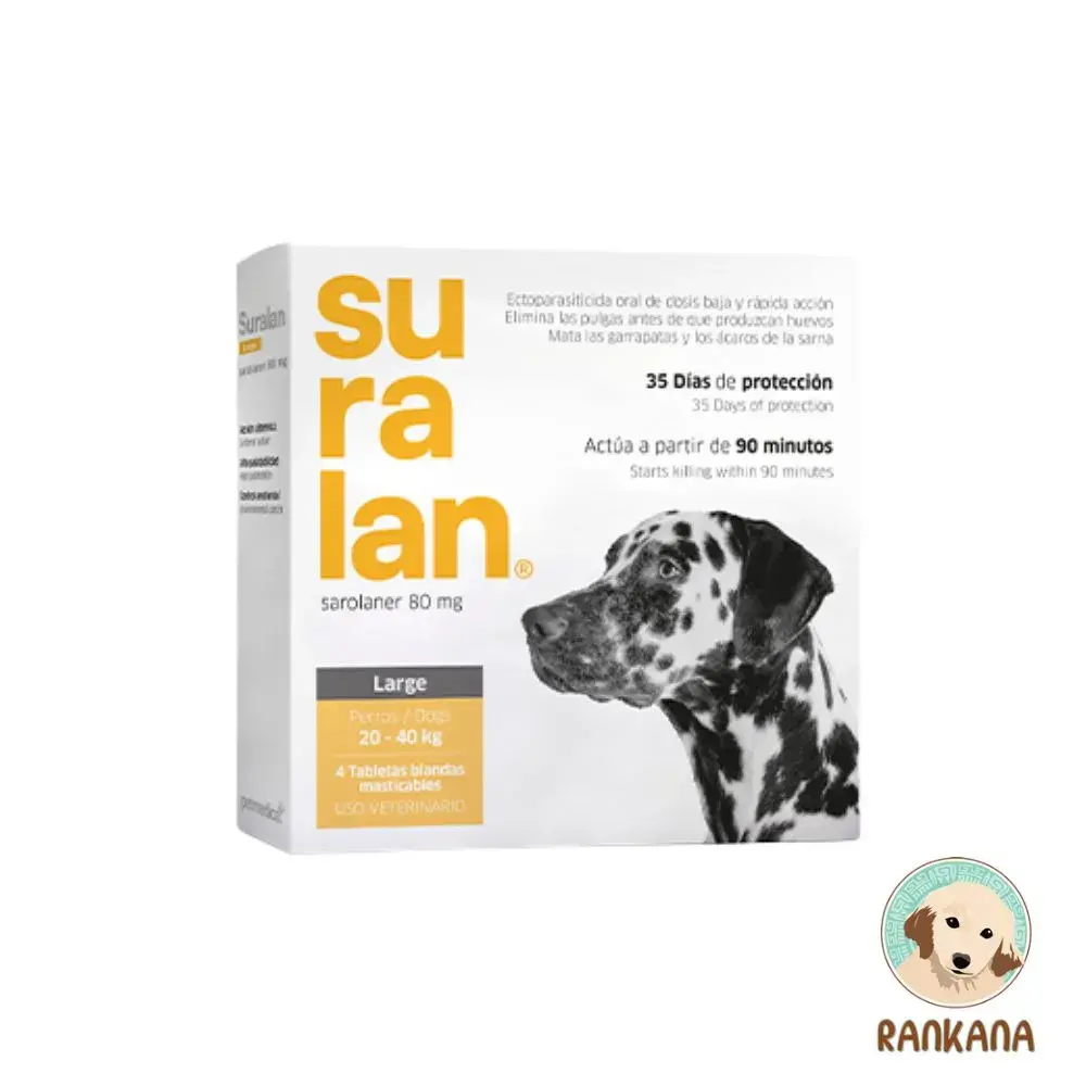 Suralan Large para Perros de 20 a 40 kg - Caja de 4 Tabletas Caja de Suralan LARGE antipulgas y antigarrapatas masticable para perros de 20 a 40 kg, presentación de 4 tabletas, marca Petmedica.