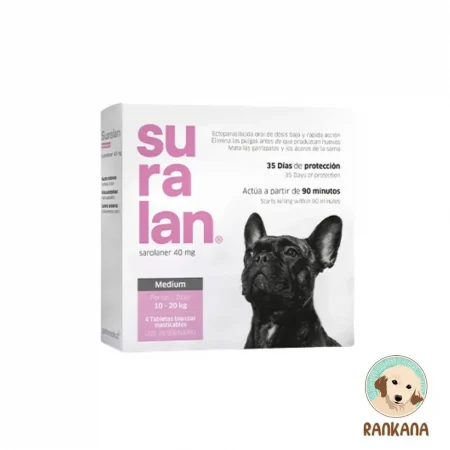 Caja de Suralan MEDIUM antipulgas y antigarrapatas masticable para perros de 10 a 20 kg, pack de 4 tabletas, marca Petmedica.