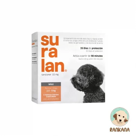 Empaque frontal de Suralan MINI para perros de raza miniatura (2.5 a 5 kg). Contiene 4 tabletas masticables contra pulgas y garrapatas.