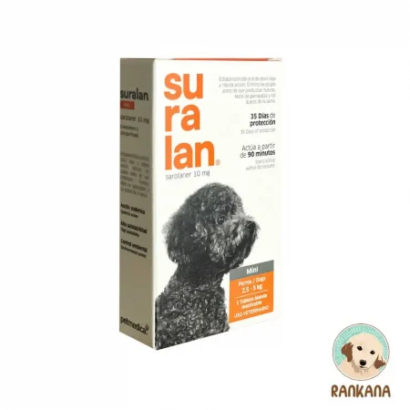 Caja de Suralan MINI (sarolaner 10 mg) antipulgas y antigarrapatas masticable para perros de 2.5 a 5 kg, 1 tableta, marca Petmedica.