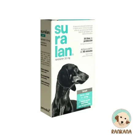 Caja de Suralan SMALL antipulgas y antigarrapatas masticable para perros de 5 a 10 kg, 1 tableta, marca Petmedica.