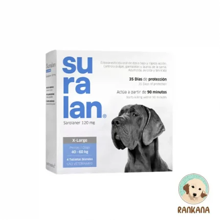 Caja de Suralan X-LARGE antipulgas y antigarrapatas masticable para perros de 40 a 60 kg, presentación de 4 tabletas, marca Petmedica.