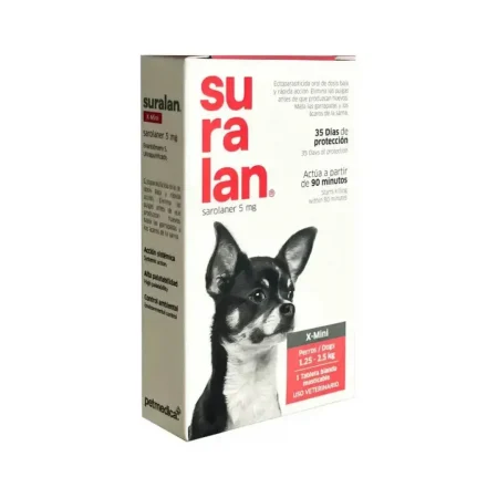 Caja de Suralan X-Mini 1.25 a 2.5 kg de Petmedica, pastilla antipulgas y antiparasitario para perros pequeños en Rankana Perú.