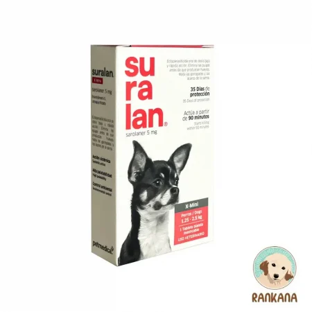 Caja de Suralan X-Mini para perros de 1.25 a 2.5 kg. El empaque es blanco con letras rojas, muestra la imagen de un perro Chihuahua y especifica que contiene 1 tableta masticable de Sarolaner 5 mg. Incluye el logo de Petmedica y el sello de Rankana.