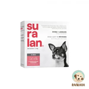 Empaque frontal de Suralan X-MINI para perros de raza miniatura extra pequeña (1.25 a 2.5 kg). Contiene 4 tabletas masticables efectivas contra pulgas y garrapatas.