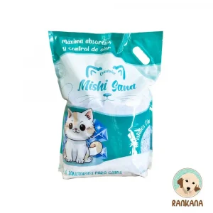 Bolsa de 4 kg de Mishi Sand, sustrato sanitario de cristales de sílice para gatos con máxima absorción, con ilustración de gatito kawaii y logo de Rankana.