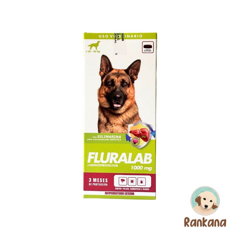 Fluralab 1000mg de 20 a 40kg. Antiparasitario de perro por tres meses de rico sabor.