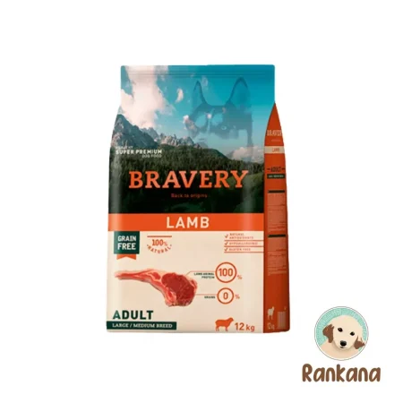Saco de comida Bravery Adulto de Cordero para perros de razas medianas y grandes. Alimento Grain Free natural de 12 kg. Zoetis.
